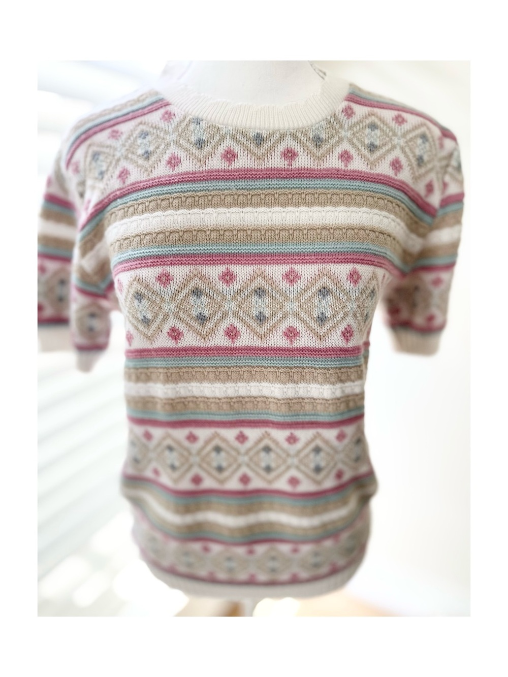 Cream Multicolor Patterned Short-Sleeve Sweater - Women